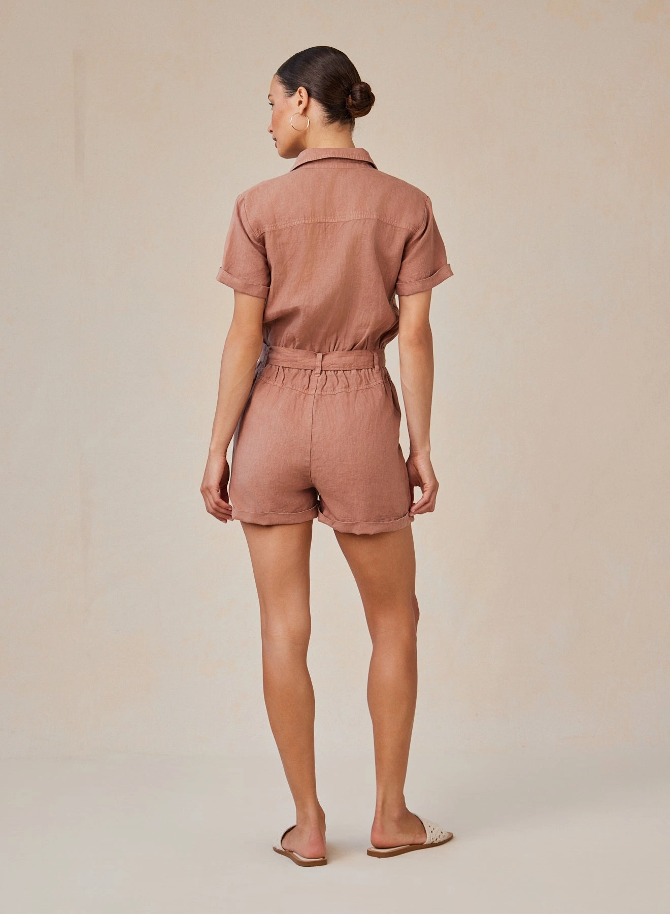 Linen Rolled Hem Utility Romper - Terracotta Brown