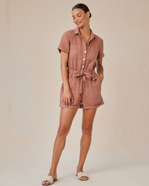 Linen Rolled Hem Utility Romper - Terracotta Brown