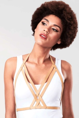 Maze Vegan Leather Halter Bra Harness Light Brown