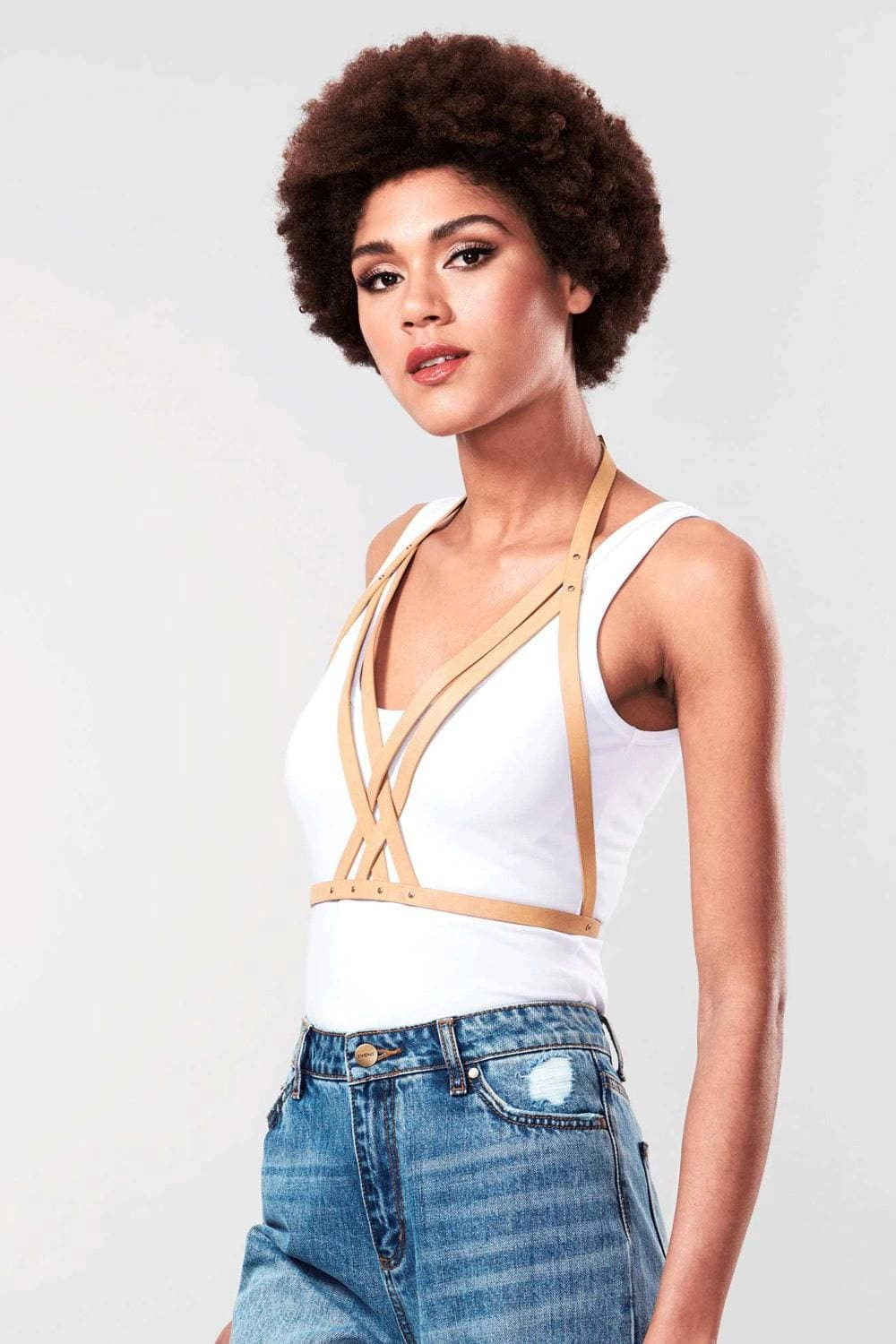 Maze Vegan Leather Halter Bra Harness Light Brown