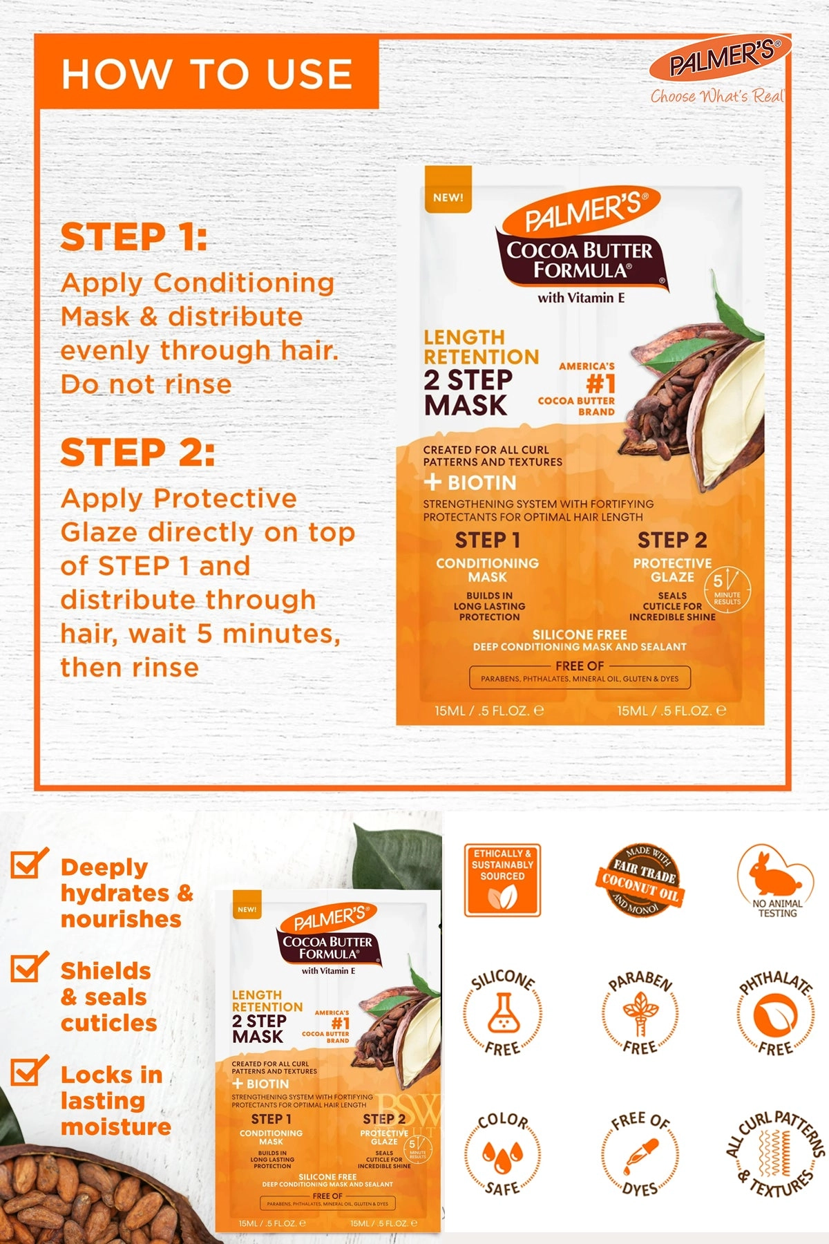 PALMER'S COCOA BUTTER FORMULA LENGTH RETENTION 2 STEP MASK 0.5 oz