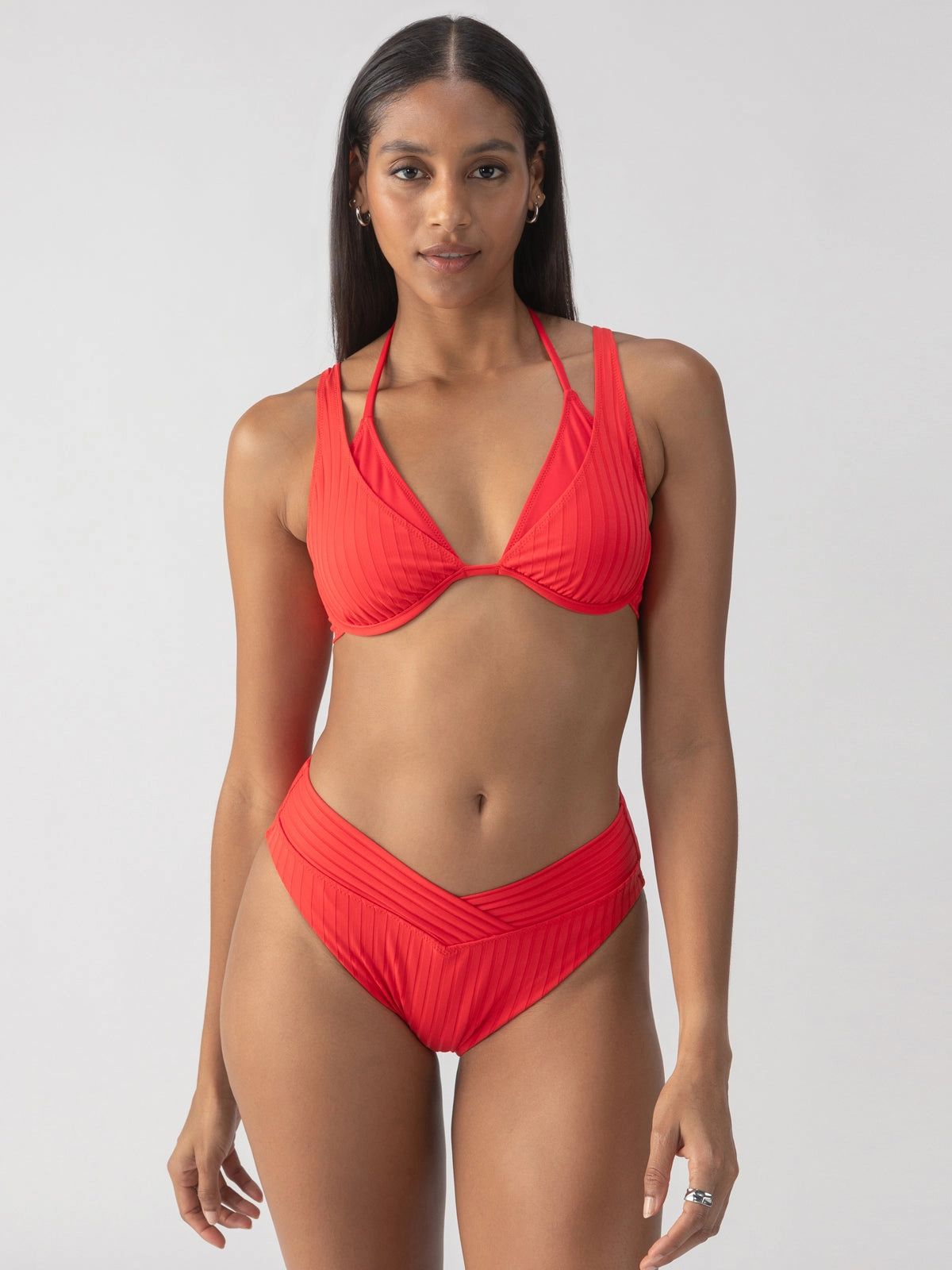 Refresh Rib V Waist High Leg Bikini Bottom Mars Red