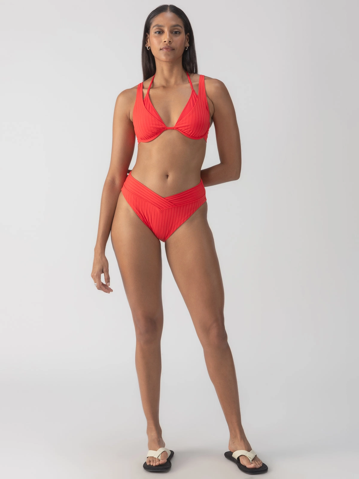 Refresh Rib V Waist High Leg Bikini Bottom Mars Red