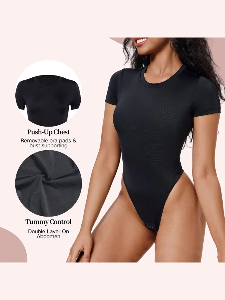Short Sleeve Tummy Control Bodysuit with Push-Up Chest Support