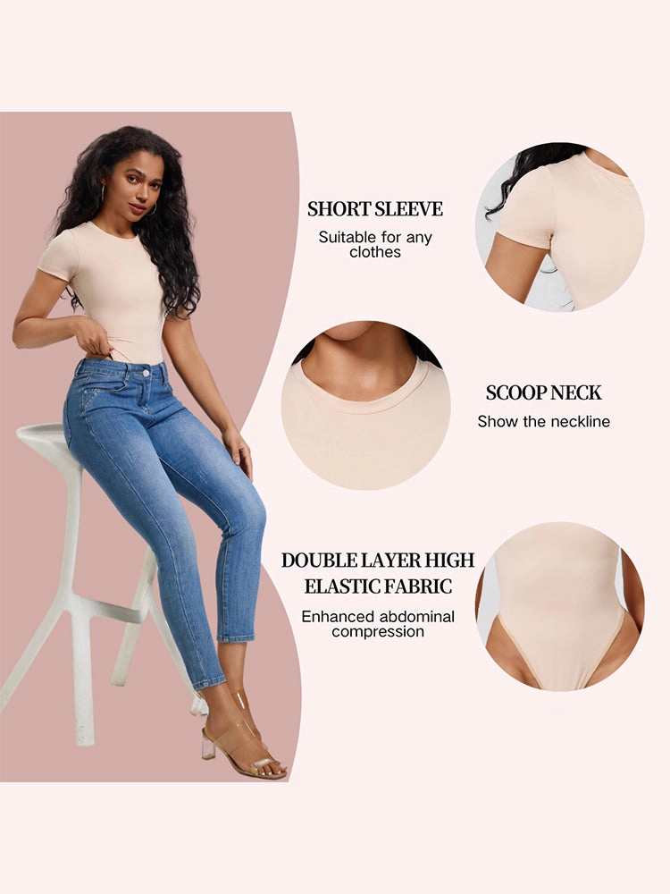 Short Sleeve Tummy Control Bodysuit with Push-Up Chest Support