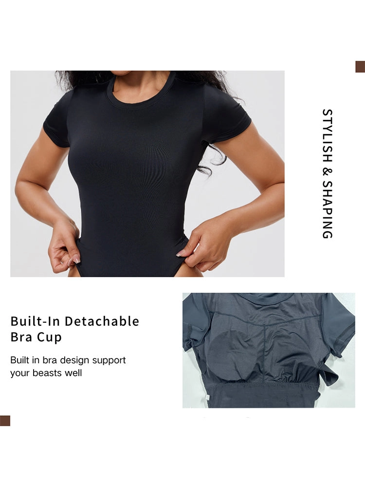 Short Sleeve Tummy Control Bodysuit with Push-Up Chest Support