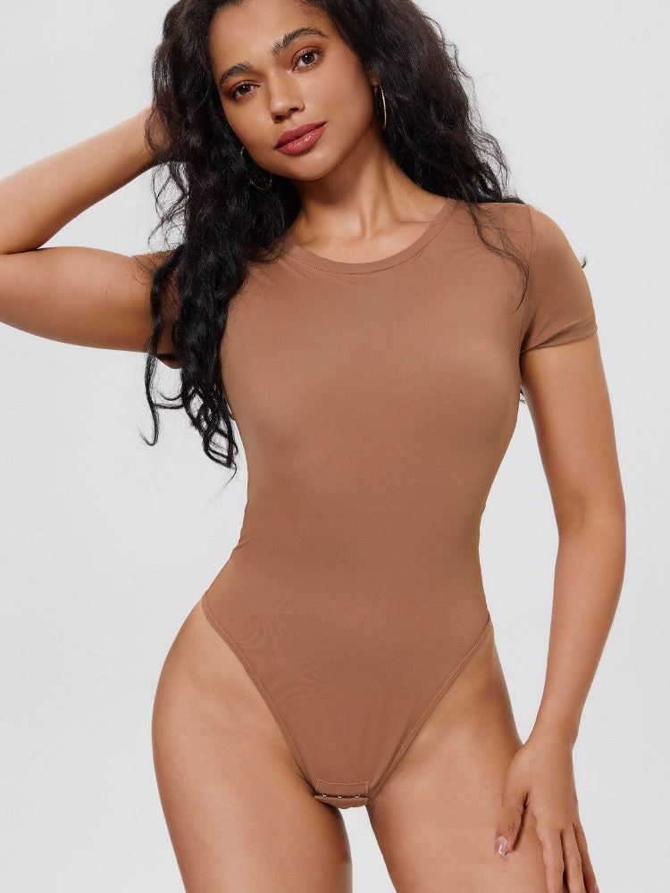 Short Sleeve Tummy Control Bodysuit with Push-Up Chest Support