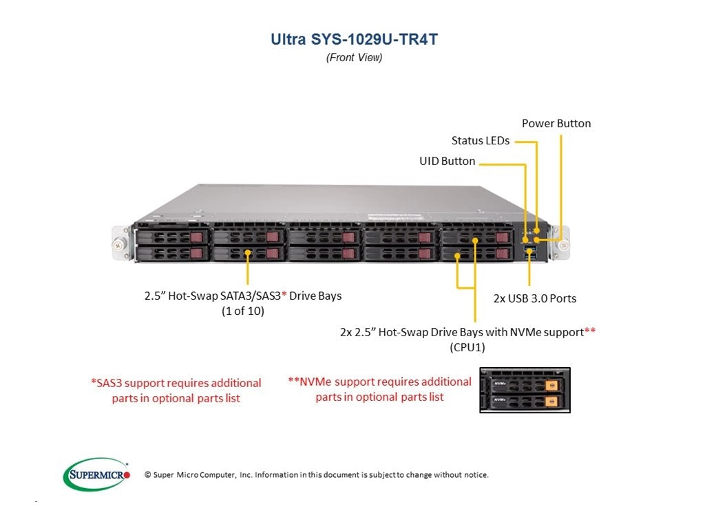 Supermicro SuperServer 1029U-TR4T - Server - rack-mountable - 1U - 2-way - no CPU - RAM 0 GB - SATA - hot-swap 2.5 bay(s) - no SYS-1029U-TR4T