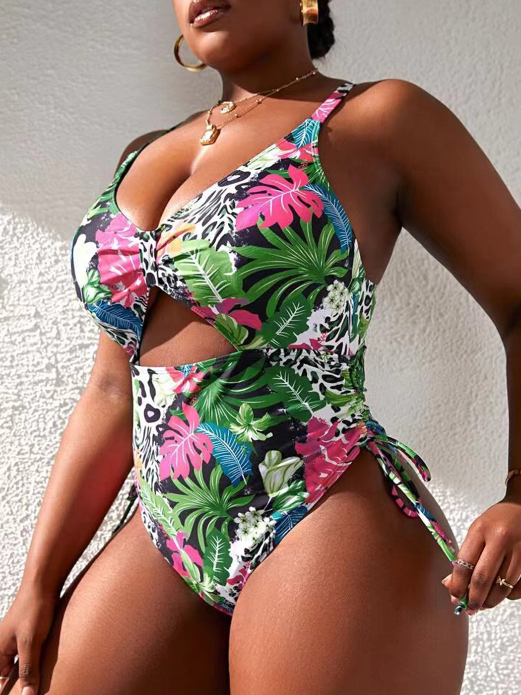 Tropical Pattern Hollow Tie Strap Sexy Bikini