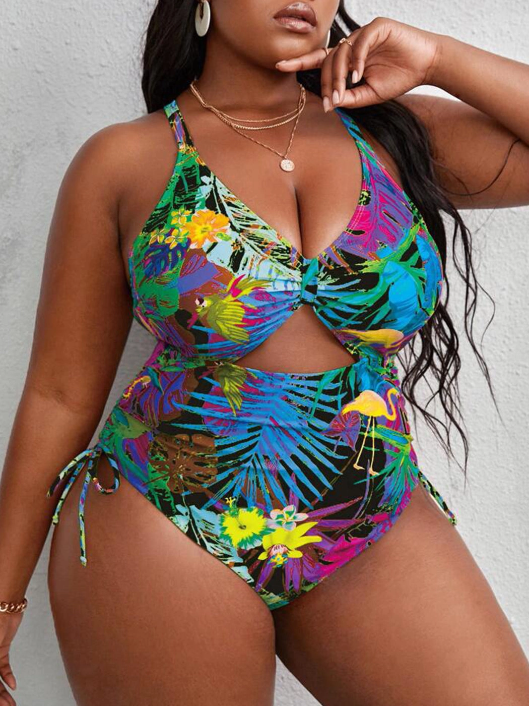 Tropical Pattern Hollow Tie Strap Sexy Bikini