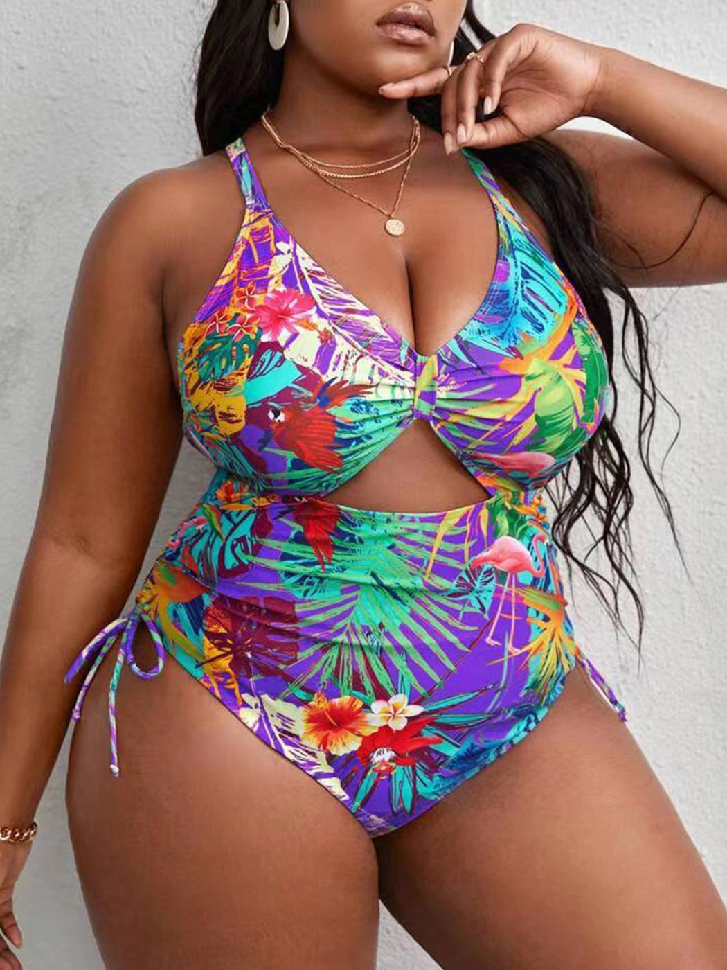 Tropical Pattern Hollow Tie Strap Sexy Bikini